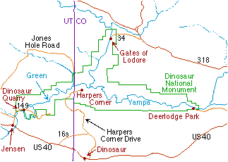 Map of the access roads to Dinosaur Monument