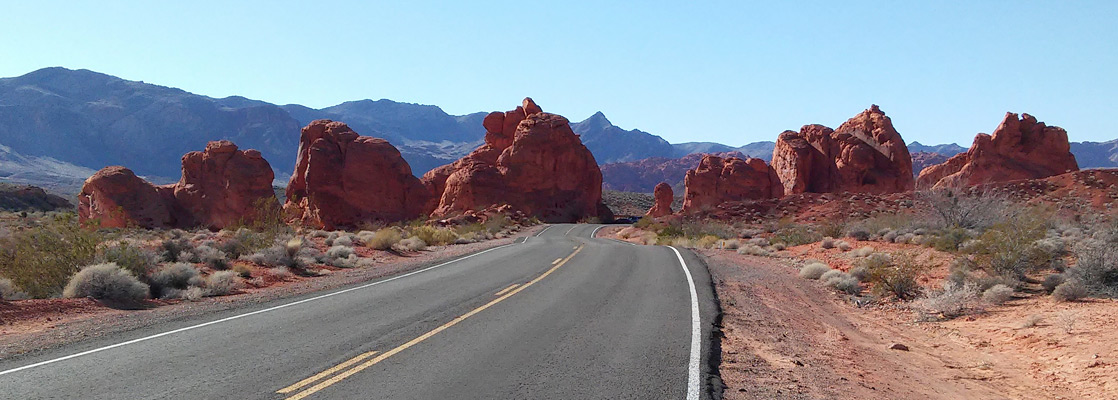 Hwy 169 through the Valley of Fire, approaching the Seven Sisters