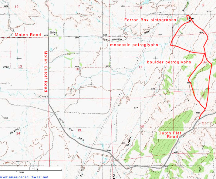 Map of driving routes to the Ferron Box Rock Art