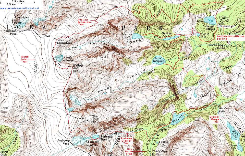 Rocky Mountain National Park Topographic Map Topographic Map of the Trail to Flattop Mountain and Andrews 